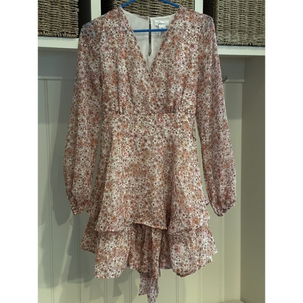 Japna Pink/Peach Floral Print Long Sleeve Tiered Faux Wrap Mini Dress, Sz Small‎